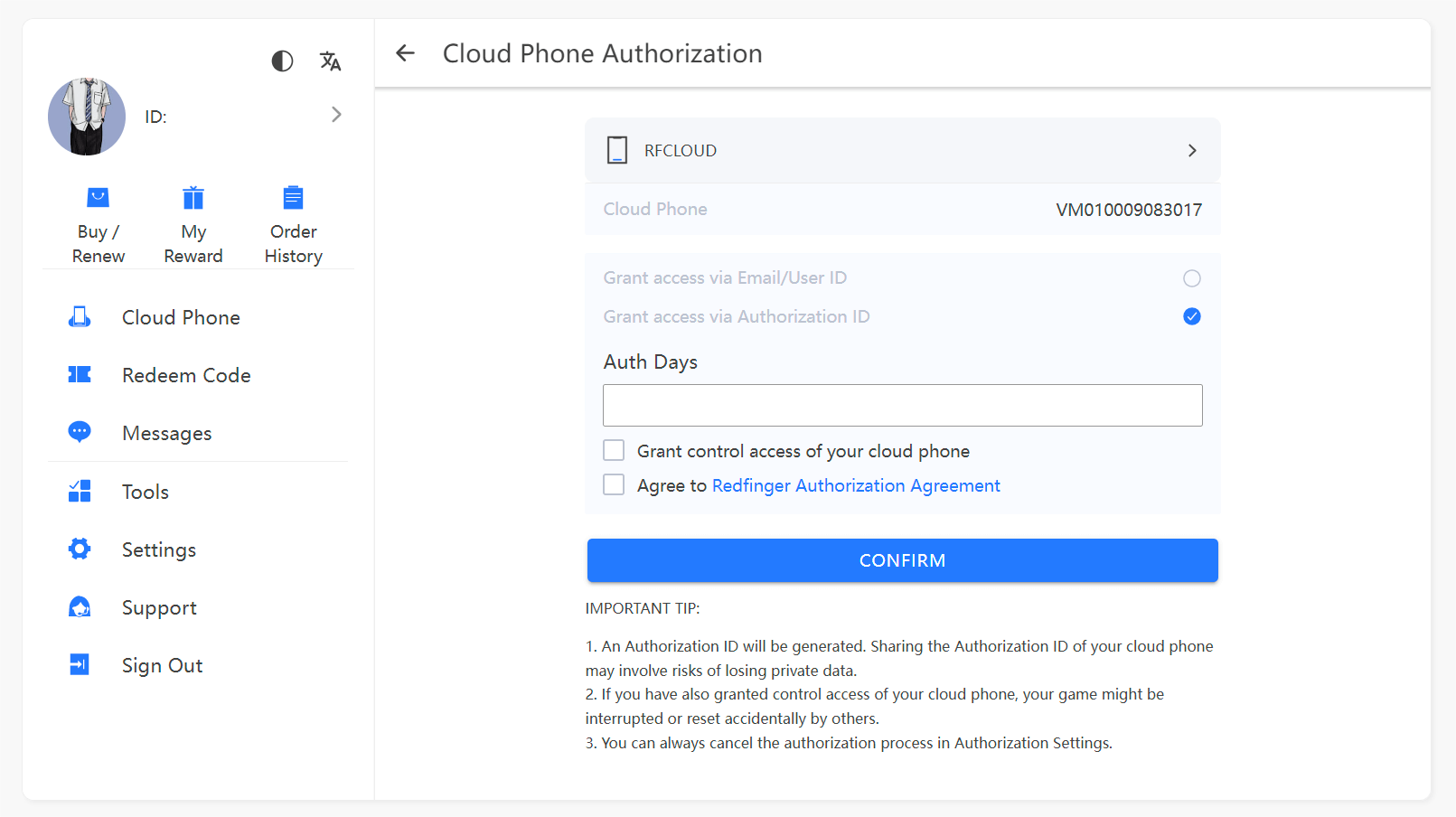 redfinger cloud phone authorization